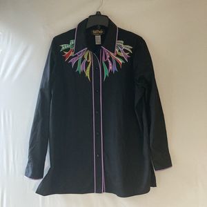 Bob Mackie Wearable Art Embroidered Western Button Up Shirt Black Size Large NWT
